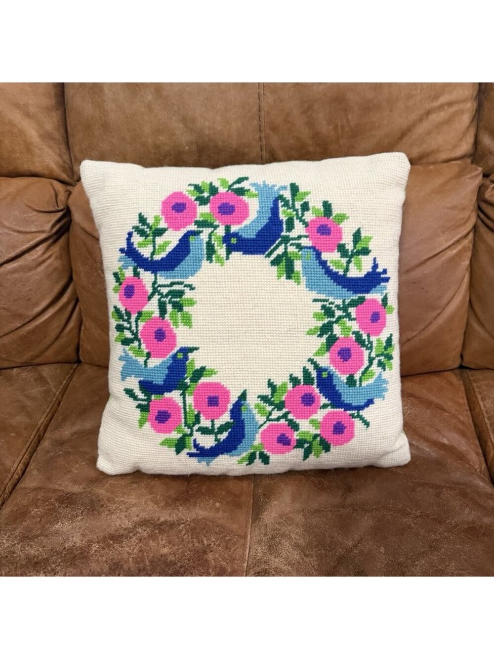 Vintage Handmade Needlepoint Pillow Blue Birds Pink Flowers Floral Throw 14"